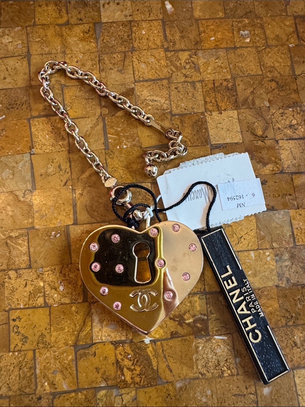 CHANEL Gold Heart Padlock Bag Charm / Key Chain with Pink Crystal Accents